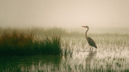 Fototapeta premium Heron stands in shallow water surrounded by grass on a misty morning