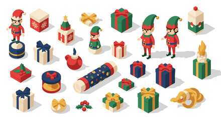 Festive isometric christmas elements with elves and presents for holiday design