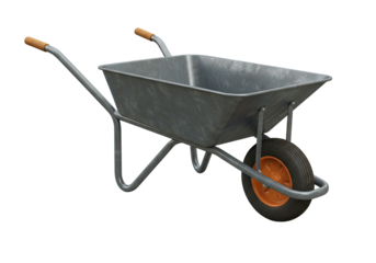 Wheelbarrow with metal structure and a rubber wheel used for garden landscaping and construction