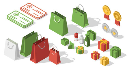 Isometric shopping bags and gift boxes with tickets and medals in holiday colors