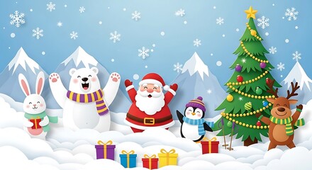 Christmas Winter Wonderland with Santa, Polar Bear, Reindeer, Penguin, and Bunny.