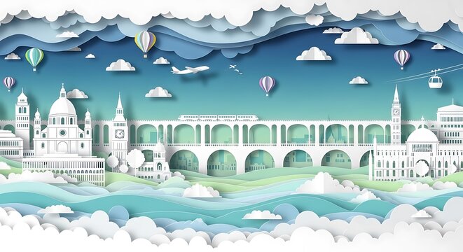 Artistic Paper Cutout Cityscape with Clouds and Balloons.
