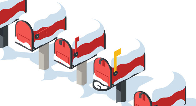 Isometric snow-covered red mailboxes in winter scene