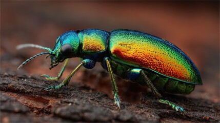 Naklejka premium Iridescent beetle on dark bark shows striking colours with a shallow depth of field