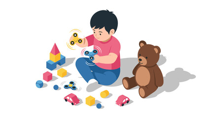 Child playing with fidget spinners and toys in a colorful isometric style