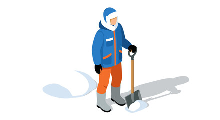 Isometric winter worker shoveling snow in blue and orange outerwear
