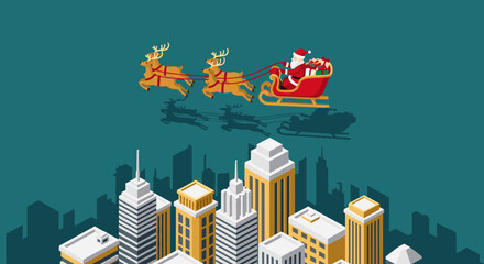 Santa's sleigh over winter city skyline in isometric design for festive season