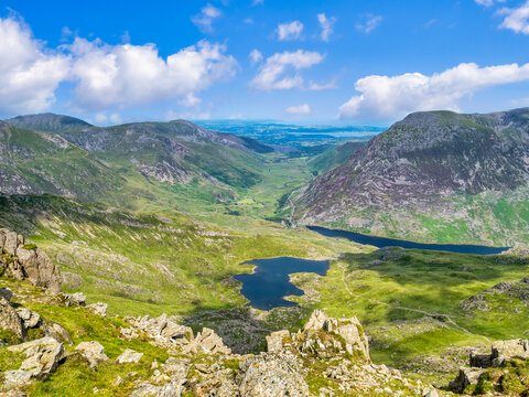 Snowdonia - A view of the National Park in summer from from Bwlch Tryfan, on the walk to the Castle of the Winds, with Nant Ffrancon, Llyn Ogwen, Pen yr Ole Wen, Bwlch Tryfan, LLyn Bochlwyd.