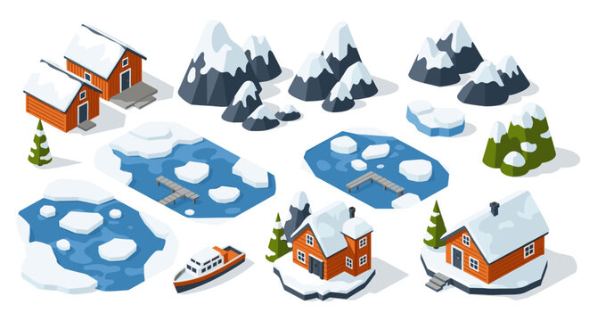 Winter wonderland in isometric perspective with snow-covered cabins and frozen lakes