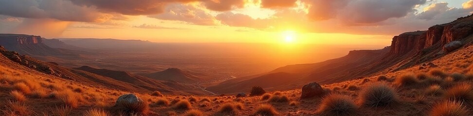 Golden Dawn Panorama Untouched Wilderness Landscape Extending to the Horizon, Evoking Adventure and Discovery