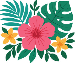 A bright tropical illustration featuring a pink hibiscus at the center framed by green monster leaves teal palm fronds and yellow flowers. Flat colors and bold outlines create a cheerful summery vibe