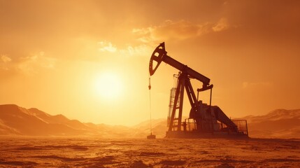 Silhouette of Oil Pump Jack Against Vibrant Sunset Over Desert Landscape
