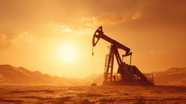 Silhouette of Oil Pump Jack Against Vibrant Sunset Over Desert Landscape