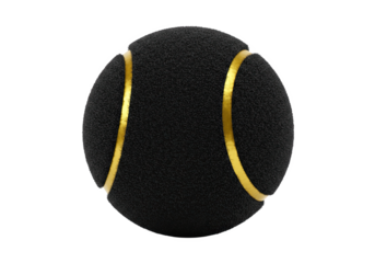 Elegant conceptual sports equipment featuring a black tennis ball with shiny gold lines, isolated on a clean white studio background for creative design