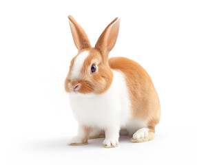 Obraz premium A rabbit with white and red fur and long ears sits in a calm pose