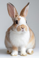 Obraz premium A beautiful fluffy rabbit with multi-colored spots on a light background