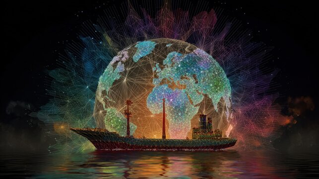 Global Shipping and Trade Concept with Cargo Ship and Earth in Colorful Digital Design