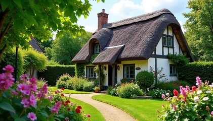 Charming Thatched Cottage in Vibrant English Garden, Blooming Flowers, Idyllic Countryside Home
