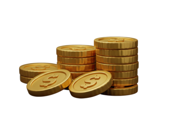 A 3D rendering of stacks of shiny gold dollar coins isolated on a white background, symbolizing wealth, savings, and financial growth