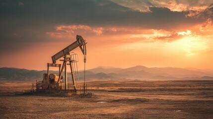 Oil Pump Jack at Sunset in Arid Landscape with Mountains in Background and Dramatic Sky