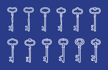 Set of White Outline Vintage Key Icons on Dark Blue Background