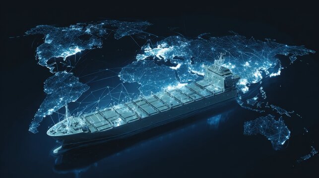Digital Visualization of Global Shipping Network with Container Ship and World Map Connectivity