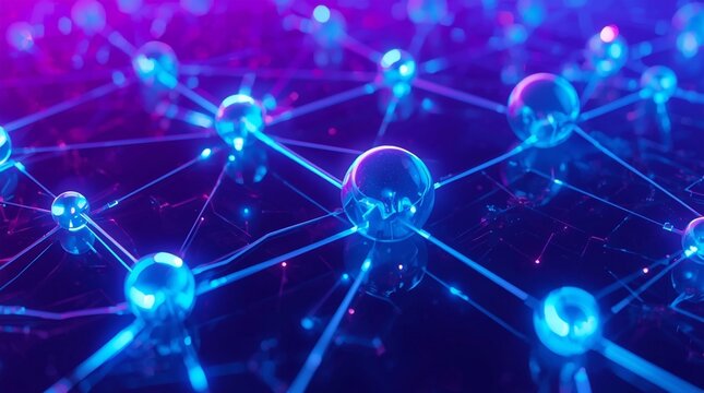 Digital network background with glowing nodes and connections, futuristic data visualization, artificial intelligence structure, neural system and technology concept in blue and purple light