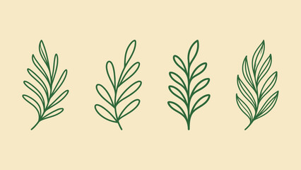 Minimalist Green Outline Leaf and Branch Icons on a Pale Yellow Background
