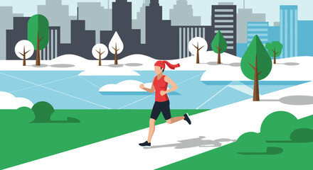 Fototapeta premium Woman jogging in winter park with urban skyline background