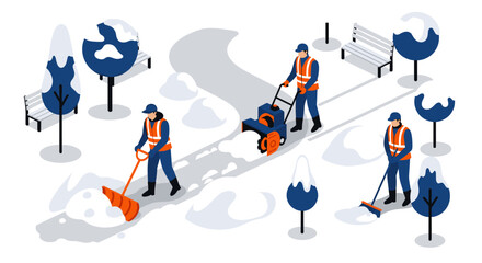 Fototapeta premium Isometric winter maintenance: workers clearing snow in urban park scene