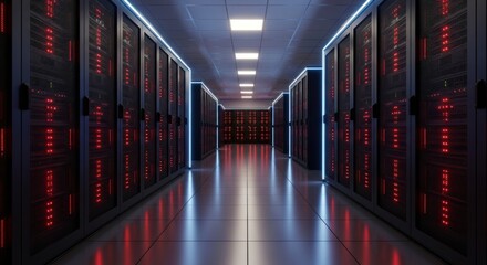 Modern Data Center Hallway with Server Racks and Blinking Lights &ndash; Computing Infrastructure and Network Operations