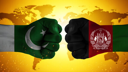 Pakistan versus Afghanistan conflict illustration concept of political tension and dispute depicted with national flag painted fists clashing over a world map background