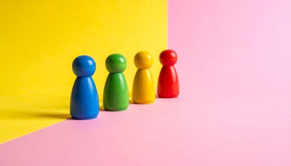 Six colorful wooden pawns in a straight line on diagonal yellow, pink, and orange background, symbolizing order and diversity.
