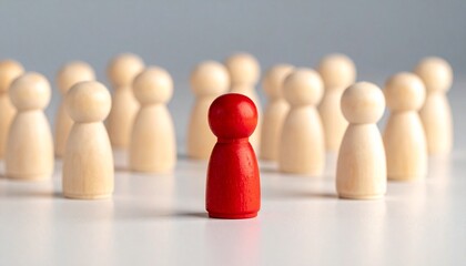 Red figurine stands out in center of wooden circle, symbolizing uniqueness and leadership.