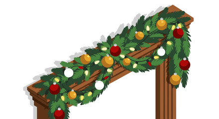 Festive holiday garland with baubles on wooden beam