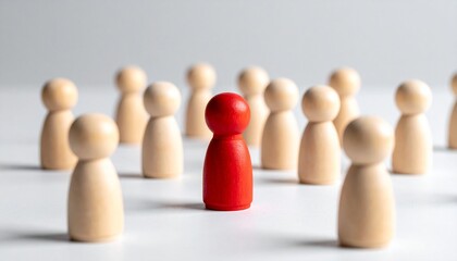 Red figurine stands out in center of wooden circle, symbolizing uniqueness and leadership.