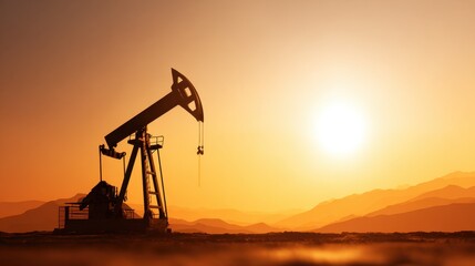 Oil pump jack silhouette at sunset with dramatic sky and mountainous landscape in the background