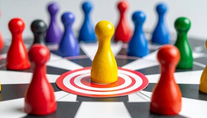 Colorful pawns on a target surface with yellow center piece, symbolizing strategy and leadership.