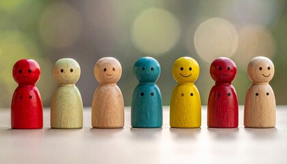 Ten colorful pawns in a straight line on reflective surface with bokeh background, symbolizing unity and diversity.