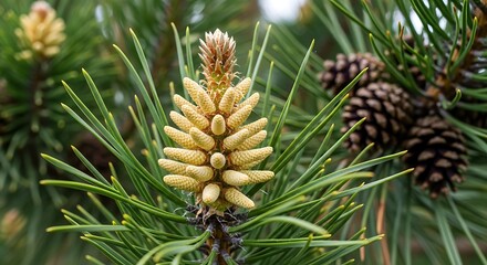 Close-up of a Young Pine Cone on a Tree Branch.