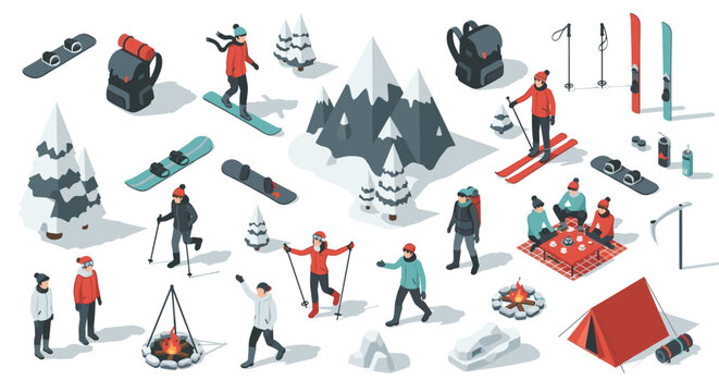 Isometric winter activities scene with skiing and camping elements