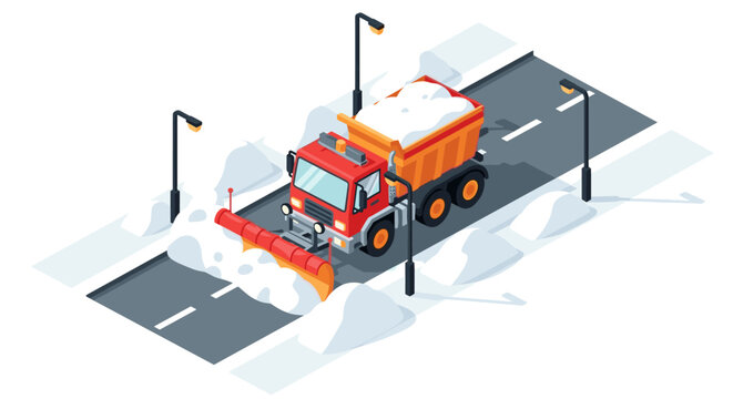 Isometric snow plow truck clearing snowy road with streetlights