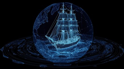 Digital Representation of a Sailing Ship Encased in a Global Network of Data Points and Ocean Waves