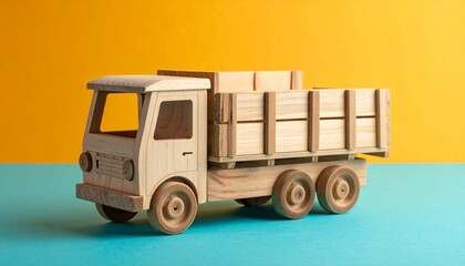 Wooden toy truck with cargo blocks on blue-orange background, showcasing handcrafted detail and playfulness.