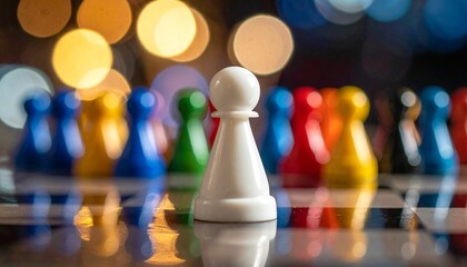 White pawn in focus stands apart from colorful row on reflective surface with bokeh lights.