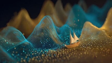 Digital Artwork of a Sailing Ship on Vibrant Waves with Glowing Particles and Flowing Lines in Abstract Style