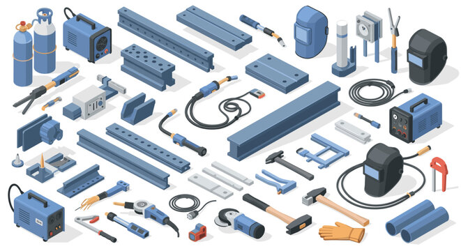 Industrial equipment and welding tools in isometric layout for workshop design