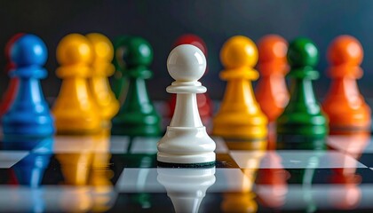 White pawn in focus stands apart from colorful row on reflective surface with bokeh lights.