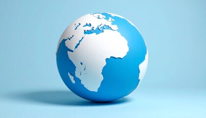 3D globe with white continents on blue ocean, set against light blue background, symbolizing global perspective.