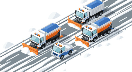 Snow plow trucks clearing winter roads in isometric style